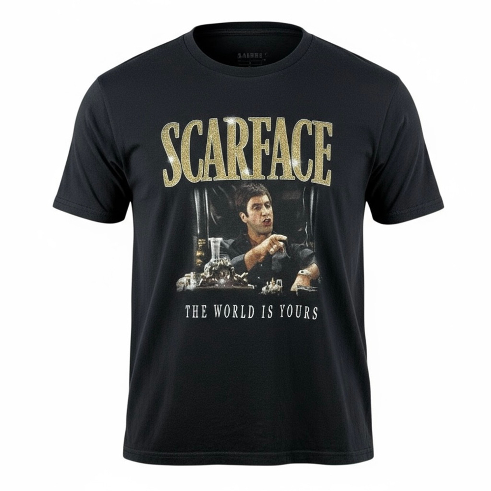 Scarface Black Crewneck T-Shirt SIZE MEDIUM Gold Block Letters Al Pacino Graphic